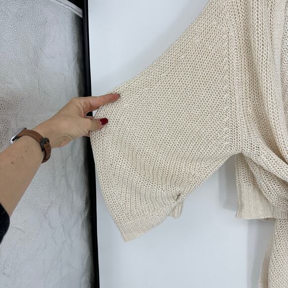 Brochu Walker Womens M Linen Cardigan Ivory Open Knit Puff Sleeve Coastal - Picture 3 of 10